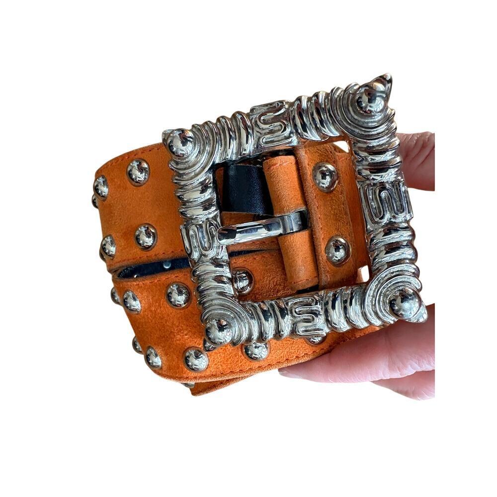 1980s Vintage Escada Studded Suede Leather Belt Sienna Orange Statement Buckle